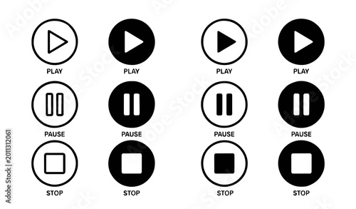 Media player control icon set with play pause and stop buttons in flat line and solid circle styles for interface