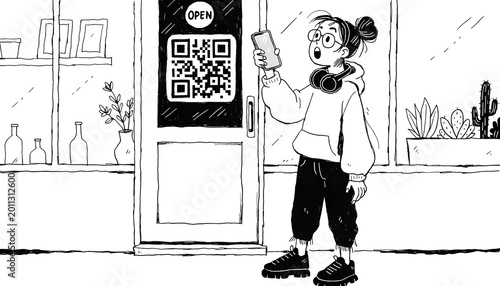 QR code scanning minimalist black and white illustration