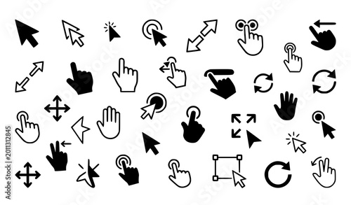 фотографія Click cursor icon set with mixed outline and glyph mouse pointer hand and finger