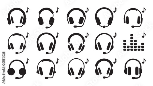 Schilderij op canvas Large collection of black vector headset icons with musical notes and audio equalizers set
