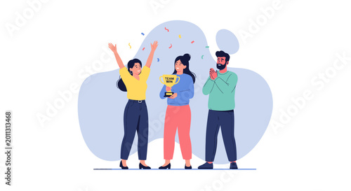 Team celebrating victory with a trophy and confetti.