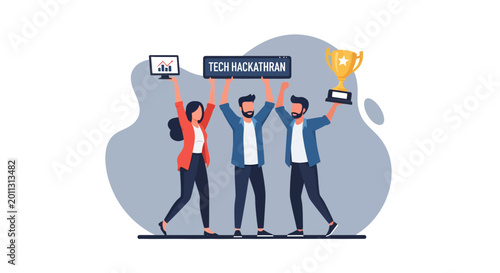 Team celebrating victory in a tech hackathon competition.