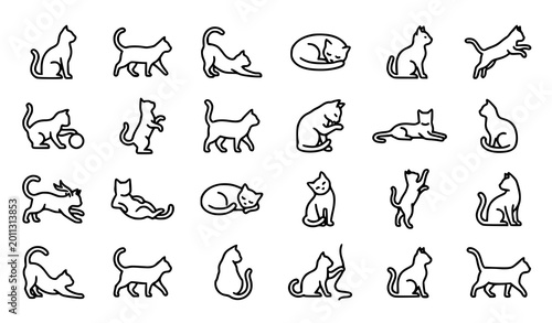 Photography Cat outline icon set with playful feline poses sitting jumping sleeping editable