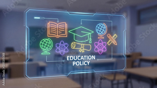 Education policy digital concept in classroom setting with academic learning symbols representing curriculum governance knowledge access reform and institutional educational administration