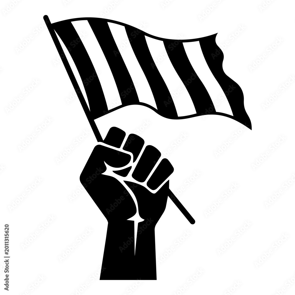 Fototapeta premium Fist holding black and white striped protest flag isolated on transparent background, Vector