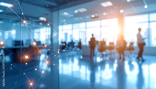 Blurred office scene with glowing network lines, illustrating data flow, analytics, and collaboration.