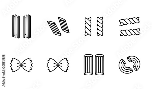 Bild auf Leinwand Pasta noodles linear icons set with Italian macaroni shapes thin line food outli