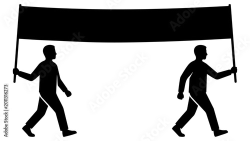 Two people carrying a large black banner together isolated on transparent background, Vector