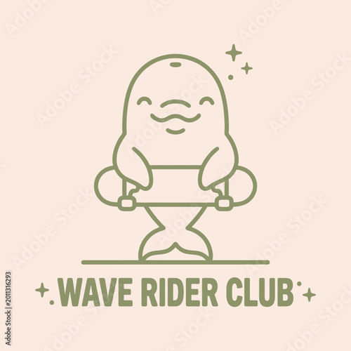 Fotografie Smiling surfboard riding cartoon character wave.