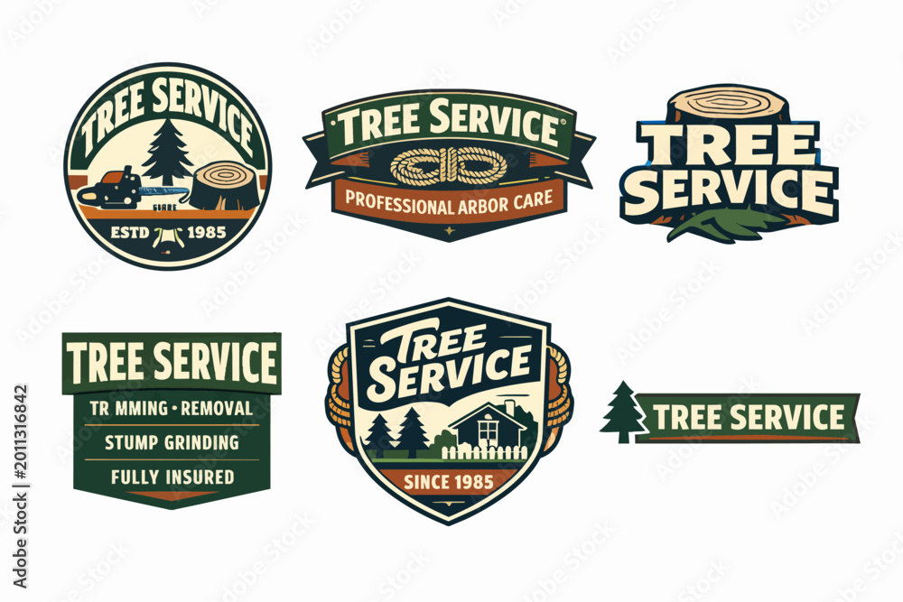 Naklejka premium Collection of tree service and arborist business logos with chainsaws, tree stumps, rope, and house designs