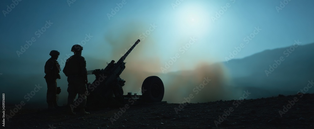 Fototapeta premium The artillery crew anxiously ready the ammunition round with tense determination.