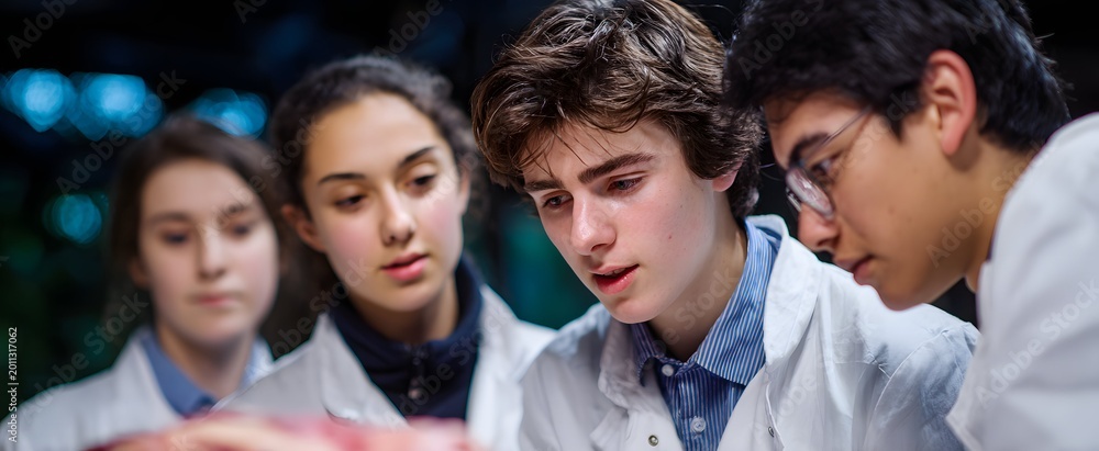 Fototapeta premium The focused group of students carefully examining a detailed biology specimen during dissection.