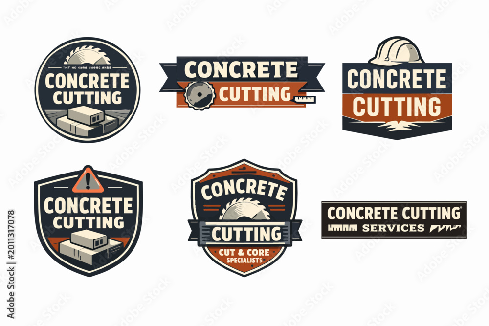 Fototapeta premium Concrete cutting services emblems featuring saw blades, safety hard hats, concrete blocks, and warning signs designs