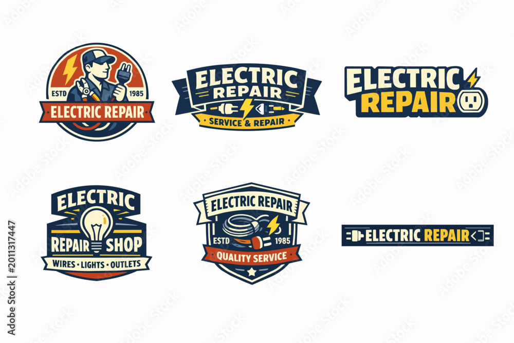 Obraz premium Vintage style collection of electric repair service and shop logos with electrician, light bulb, bolt, and outlet icons