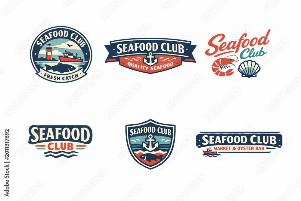 Obraz premium Six seafood club logos displaying fresh catch concepts, quality seafood themes, and market and oyster bar designs