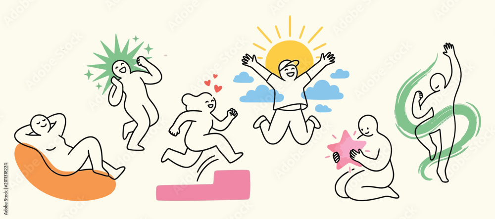Fototapeta premium Minimalist Line Art of Happy People and Well-being Concepts