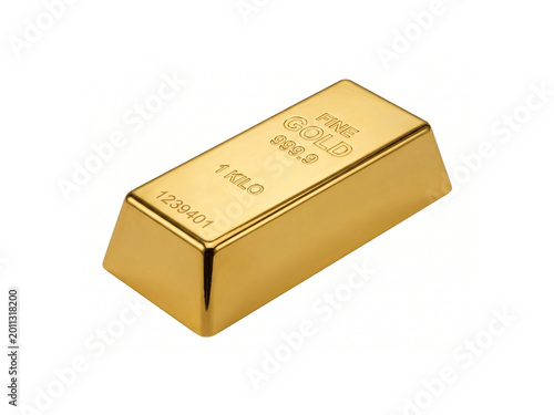 Shiny gold bullion bar isolated on white background.