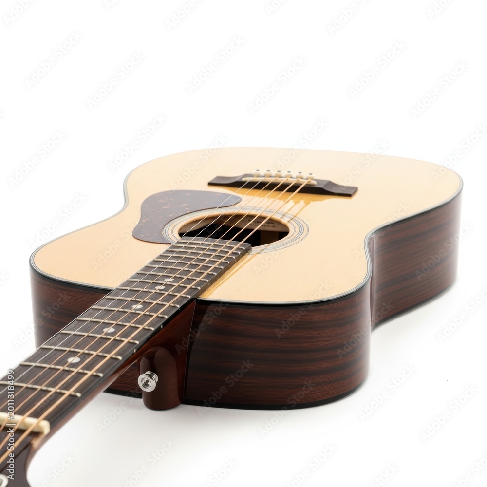 Fototapeta premium Light beige acoustic guitar with black pickguard and strings