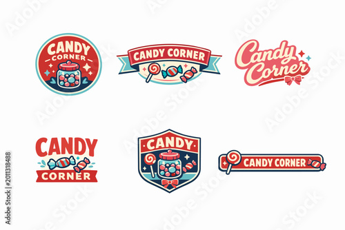 Candy corner retro sweet shop badges and labels collection with vintage sweets, lollipops, jar, and ribbons
