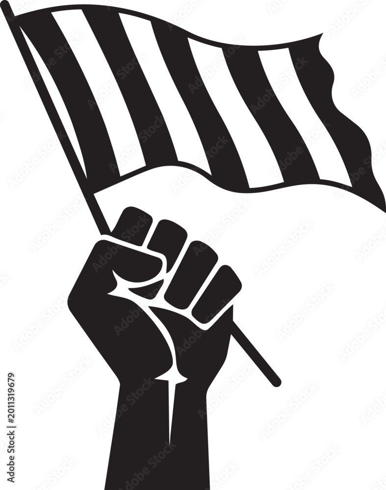 Fototapeta premium Fist holding black and white striped protest flag isolated on transparent background, Vector