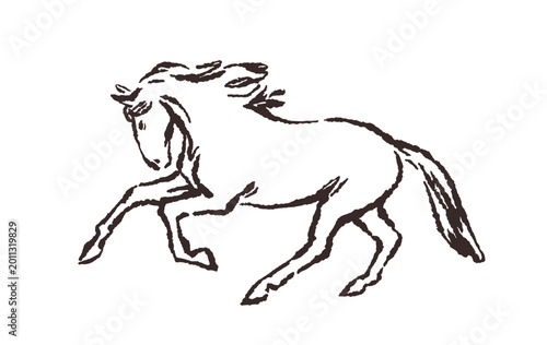 Outline horse sketch, side view, profile. Brush line drawing, chalk scribble ...