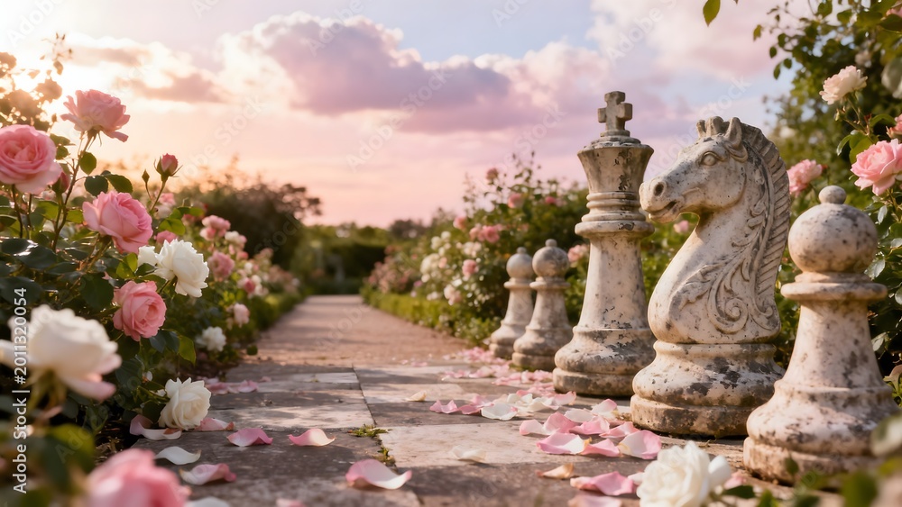 Fototapeta premium Garden path with chess statues and flowers