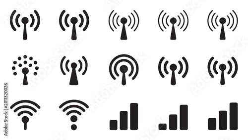 Set of wireless antenna icons, radio wave signals and network communication symbols.