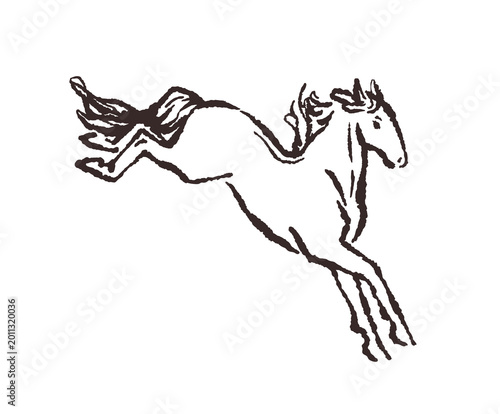 Horse jumping, brush line drawing. Crayon brushstroke stallion in doodle sket...