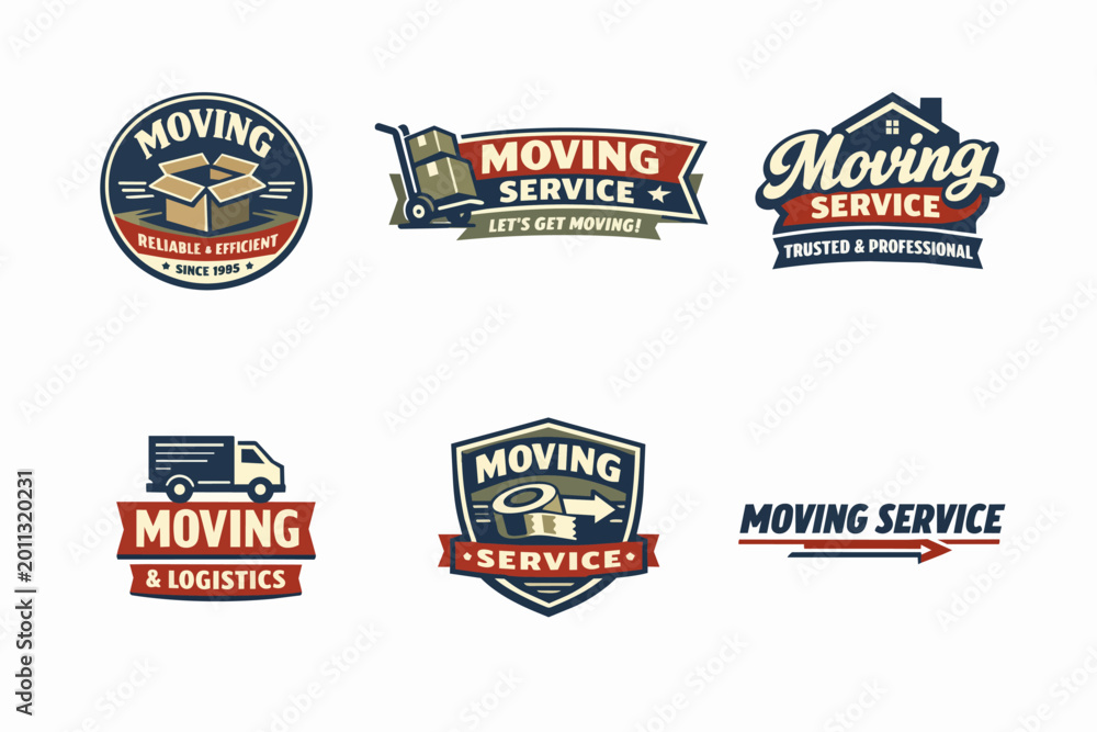 Fototapeta premium Moving service company logos featuring trucks, boxes, and hand trucks, ideal for branding and advertising