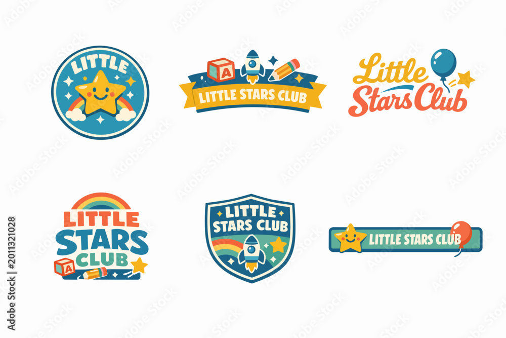 Naklejka premium Little stars club presenting playful logo designs for children's education, learning adventures, and inspiring future clubs