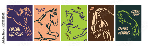 Horse sketches, poster designs set. Contour charcoal equine animals, doodle o...