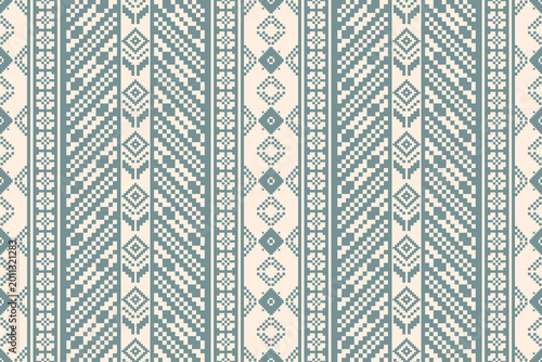 Ethnic Seamless Pattern in Sage Green, Geometric Tribal Embroidery Background, Nordic Folk Art Style Cross-Stitch Fabric Design with Diamonds and Flowers, Bohemian Vector Texture