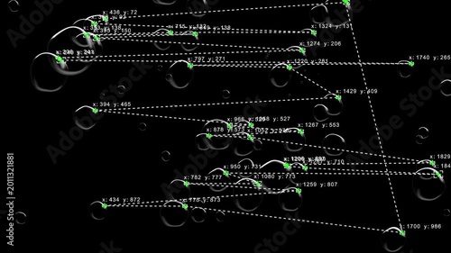Computer Vision with Object Recognition Scanner Overlay. Big Data. CCTV AI Interface Scanning. Blob Tracking Lines, Coordinates, Bounding Boxes. Plexus style connections. Soap Bubbles