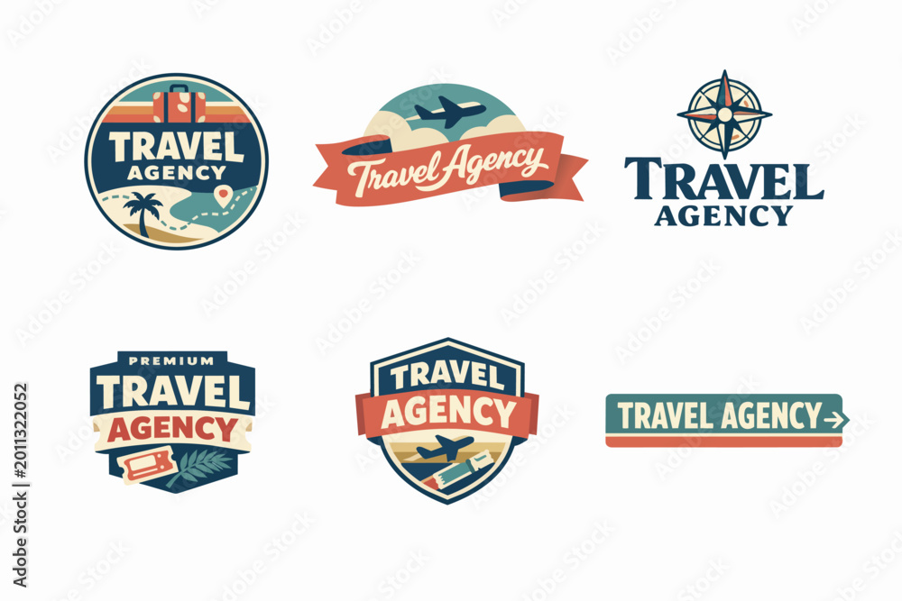 Naklejka premium Collection of vintage travel agency logos and badges, representing tourism, adventure, and global destinations