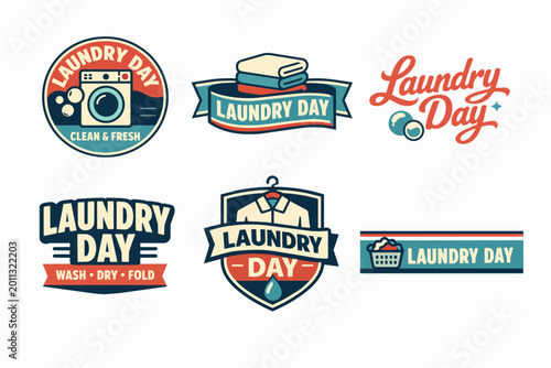 Laundry day service logos and emblems collection using retro design for cleaning, washing, drying, and folding clothes