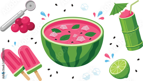 Принти на полотні Summer Refreshment Set Featuring Watermelon, Popsicles, Drinks, Lime, and Ice fo