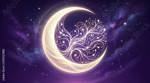 Celestial Crescent Moon with Intricate Patterns | Mystical Cosmic Background Art | Lunar Visualization for Spiritual Meditation