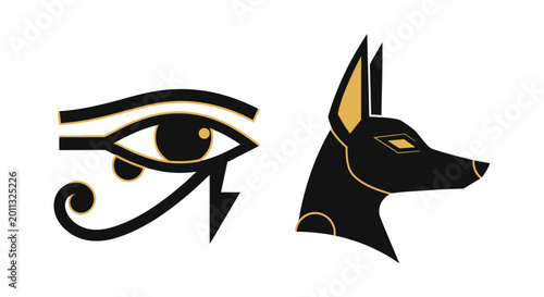 Foto Egyptian eye symbol and Anubis head icon on white background.