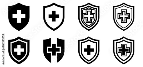 Photos Medical shield with cross icon set for health protection and immunity