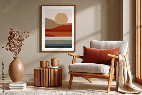 Minimalist bohemian living room with cozy armchair, framed art and warm neutral decor