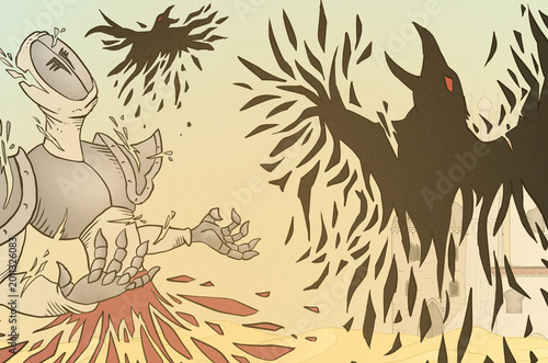 hand drawn fantasy illustration of ravens and warrior fading into air creating mystical surreal scene of disappearance and magical transformation mood