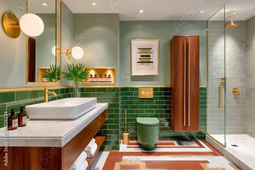 Contemporary bathroom with green subway tiles, gold fixtures, wood vanity and glass shower