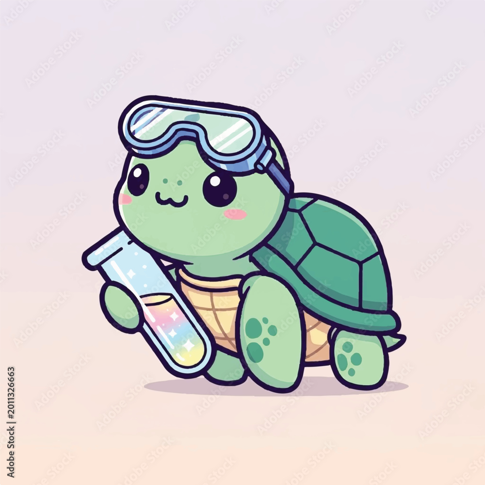 Fototapeta premium Cute Cartoon Turtle Scientist with Goggles and Test Tube.