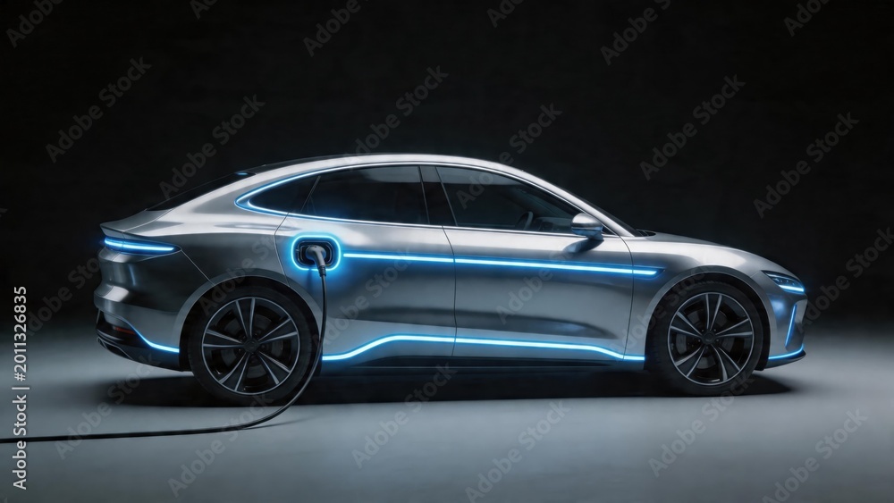 Fototapeta premium Electric car charging with blue lights
