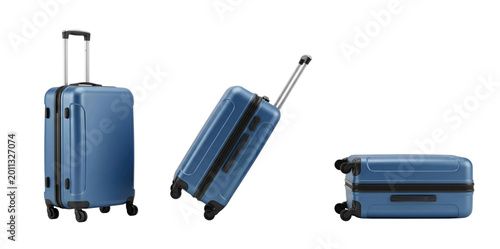 Blue Hard Shell Travel Suitcases in Three Poses. Upright, Tilted, and Lying Flat Isolated on White Background