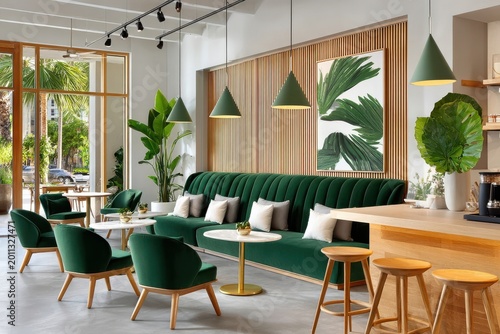 Modern green cafe interior with velvet seating, wood bar and leafy decor for relaxed gatherings