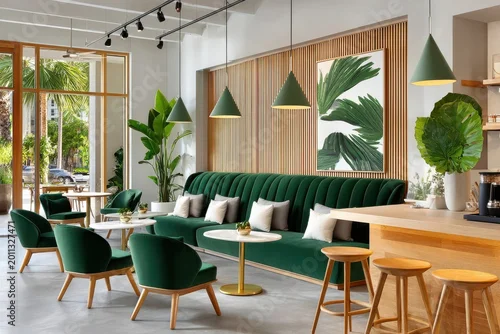 Obraz Modern green cafe interior with velvet seating, wood bar and leafy decor for relaxed gatherings