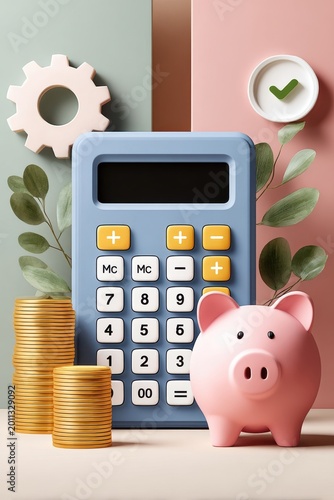 Blue calculator and pink piggy bank with stacked coins representing savings and personal finance planning