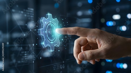 Gear Activate Finger Touches Digital Gear Icon on Screen Technology