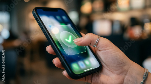 Close up view of a person holding a smartphone displaying a checkmark graphic in natural ambient light